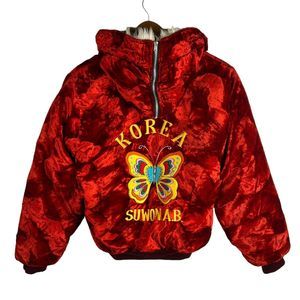 VTG Embroidered Velvet Korea Suwon AB Butterfly Souvenir Jacket Sz S Hooded